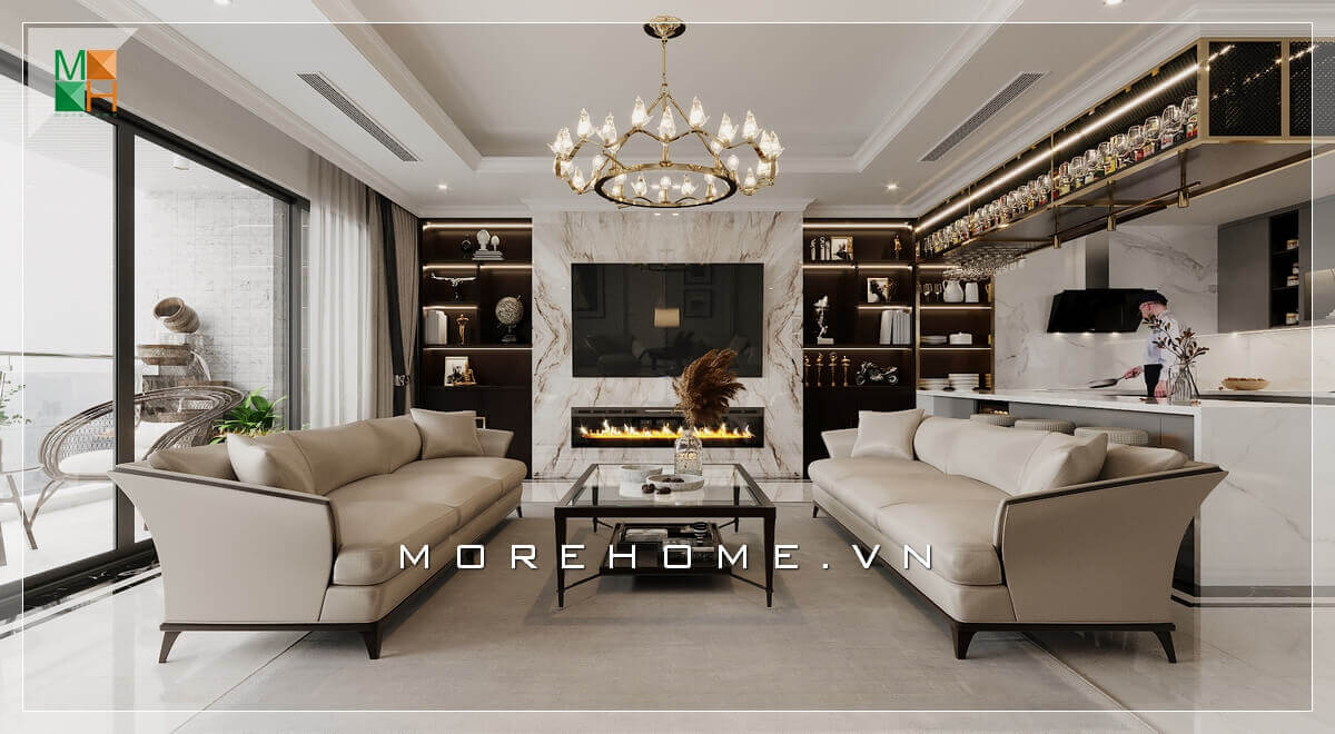 Mẫu kệ gỗ trang trí 2 bên cạnh tivi rất tiện lợi, vừa là kệ để đồ trang trí vừa thể hiện tính thẩm mỹ. Các cách bày trí phòng khách sang trọng