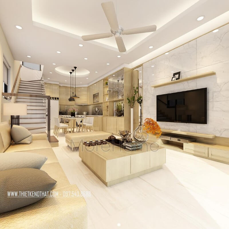 Nội thất phòng khách với tông màu pastal nhẹ nhàng từ gỗ tạo cảm giác dễ chịu và sự tinh tế trong không gian phòng được thoáng rộng hơn. Xem ngay các mẫu thiết kế phòng khách đẹp đa phong cách