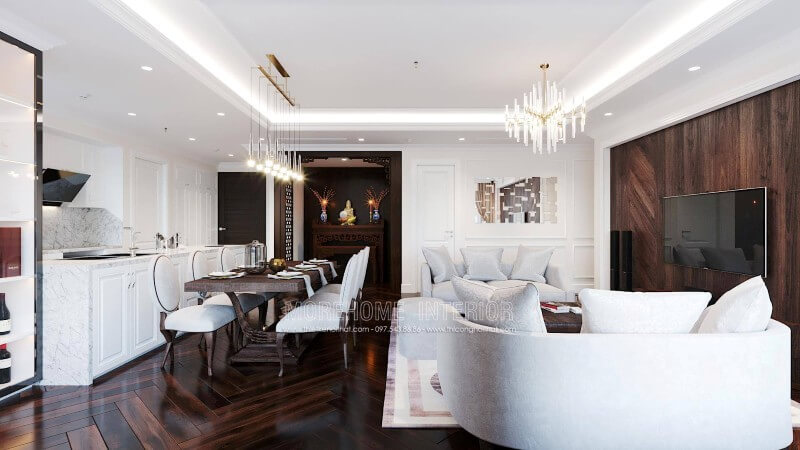 Mẫu thiết kế nội thất phòng khách chung cư đẹp với gỗ óc chó sang trọng Thiết kế phòng khách