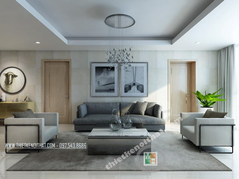 Mẫu thiết kế phòng khách chung cư sang trọng với bộ sofa bọc vài màu xám và trắng tạo điểm nhấn nổi bật cho căn phòng. Thiết kế phòng khách
