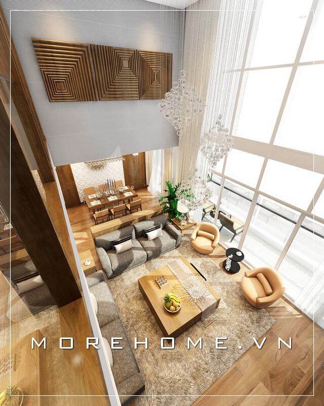 Thiết kế phòng khách hiện đại với nội thất gỗ tự nhiên sang trọng và ấn tượng cho nhà chung cư Thiết kế phòng khách