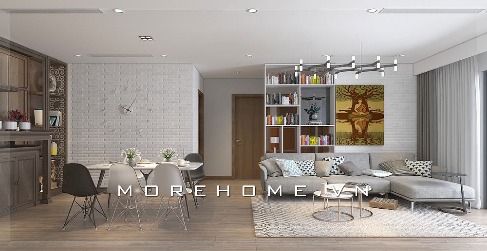 Phòng khách hiện đại trẻ trung với bộ bàn ghế sofa xám sáng màu cùng kết hợp cùng bộ bàn ghế eames độc đáo. Thiết kế chung cư