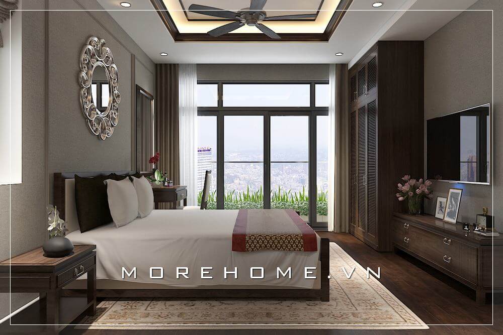 Phòng ngủ chung cư hiện đại và sang trọng, gam màu nâu trầm của đồ nội thất mang lại vẻ đẹp tinh tế khó tâ Thiết kế chung cư