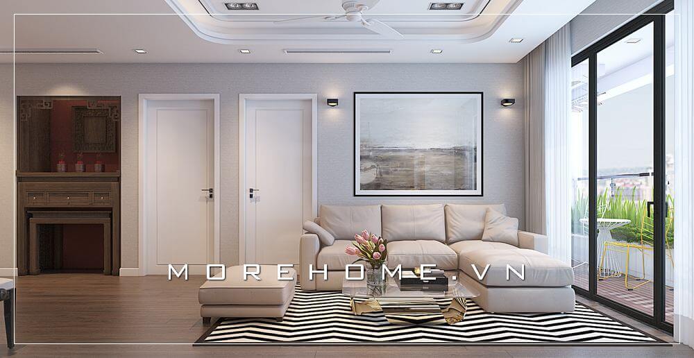 Mẫu thiết kế nội thất chung cư hiện đại tận dụng ánh sáng thiên nhiên chiếu vào qua cánh cửa hướng ban công lớn, kết hợp tông màu nội thất tươi sáng tạo cảm giác rộng rãi thoáng mát cho căn nhà Thiết kế chung cư