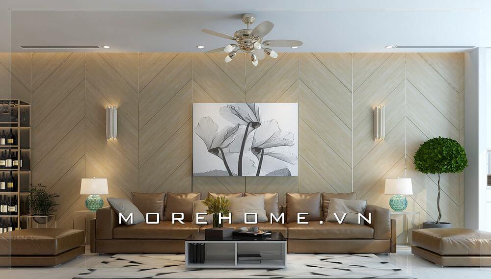 Trang trí nội thất phòng khách hiện đại với mẫu giấy dán tường và tranh treo tường tạo nên vẻ đẹp độc đáo cho toàn bộ không gian. Thiết kế chung cư