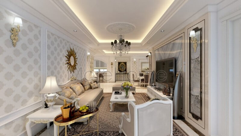 Trang trí nội thất phòng khách chung cư ấn tượng hơn với tone màu trắng sáng được sử dụng tạo điểm nhấn cho các đường nét trạm khắc tinh xảo và khéo léo. ‘Thiết