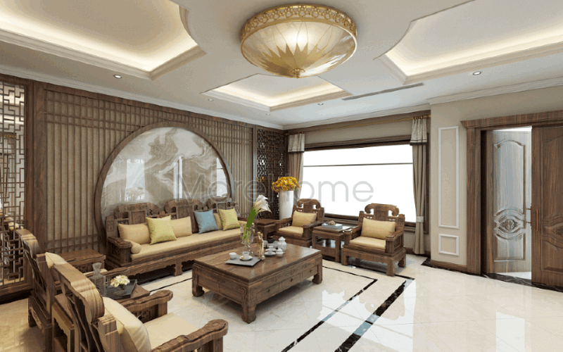 Đường vân uốn lượn sống động từ đá ốp tường cao cấp kết hợp cùng bức vách ốp tường hoa văn trang nhã góp phần tạo nên bức tranh phòng khách Á Đông tuyệt đẹp cho biệt thự Riverside Nguyễn Duy Trinh, Quận 2, Tp. Hồ Chí Minh. ‘Thiết