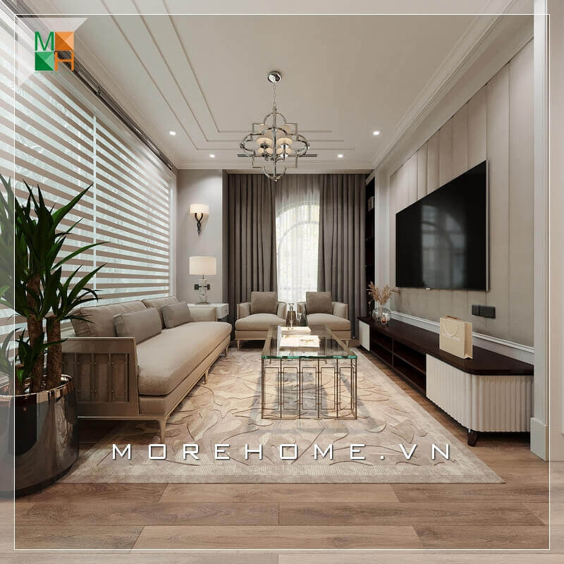 Morehome gợi ý cho bạn mẫu thiết kế nội thất phòng khách chung cư, nhà phố tiện nghi và sang trọng mang phong cách tân cổ điển. Mách bạn những mẫu thiết kế phòng khách biệt thự, nhà phố đẹp