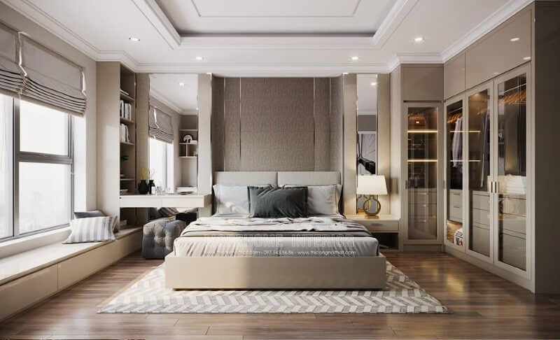 Hệ thống tủ quần áo, bàn trang điểm, kệ trang trí, tab bên giường cùng làm một chất liệu gỗ công nghiệp nhưng có sự kết hợp của gương kính tạo nên không gian phòng ngủ hiện đại sang trọng. Mẫu nội thất chung cư đẹp