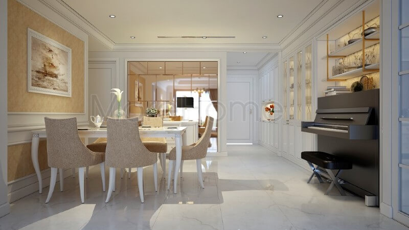 Bộ bàn ghế cao cấp với sự kết hợp hài hòa giữa 2 màu trắng vàng chủ đạo tạo nên một không gian phòng ăn sang trọng mà vô cùng ấm áp Mẫu nội thất chung cư đẹp