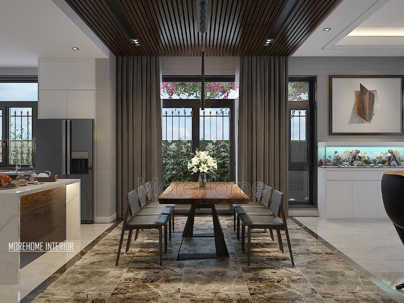 Bộ bàn ăn 6 ghế gỗ óc chó tạo nét đẹp, hiện đại, sang trọng cho phòng ăn biệt thự, nhà phố. Thiết kế phòng ăn biệt thự