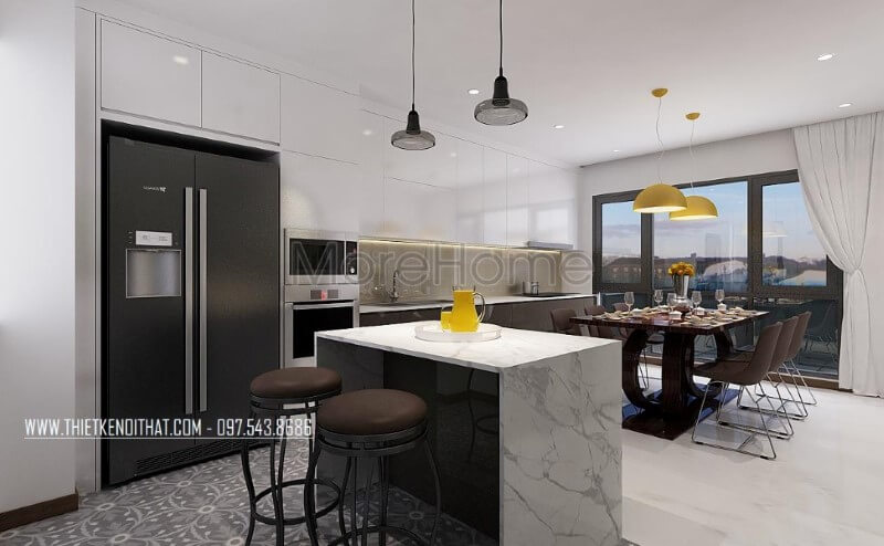 Thiết kế nội thất phòng ăn, phòng bếp xen kẽ tạo nên nét đẹp hiện đại, sang trọng cho biệt thự, nhà phố. Thiết kế phòng ăn biệt thự