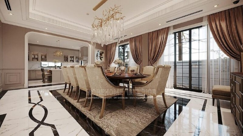 Thảm trải sàn hoa văn đẹp, sang trọng lựa chọn tinh tế cho không gian phòng ăn đương đại nhẹ nhàng. Thiết kế phòng ăn biệt thự