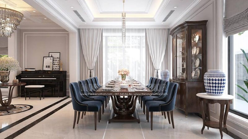 Bộ bàn ghế ăn tân cổ điển 10 ghế đẹp sang trọng cho biệt thự, nhà phố. Thiết kế phòng ăn biệt thự