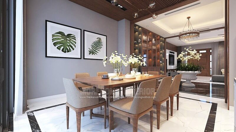 Bàn ăn gỗ óc chó nguyên khối cao cấp với đường vân đẹp mắt, sắc trầm độc đáo đang trở thành xu hướng trang trí phòng ăn ấn tượng nhất hiện nay. Thiết kế phòng ăn biệt thự
