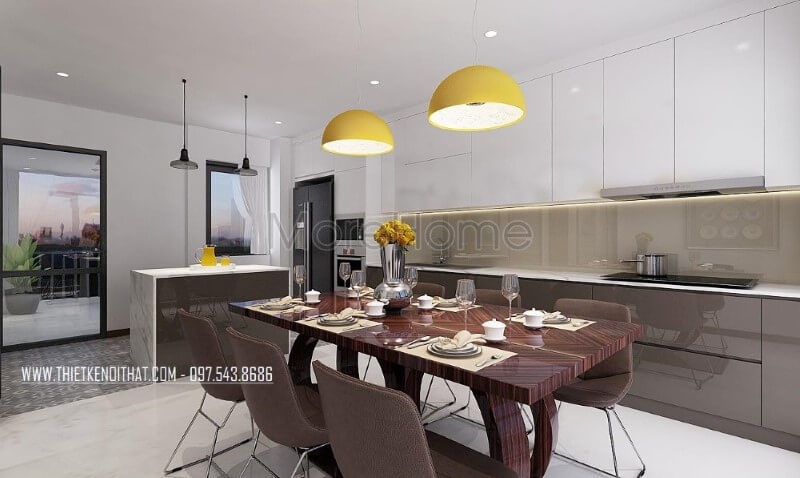 Phòng ăn hiện đại được thiết kế khá độc đáo với ý tưởng lồng ghép vào phòng bếp vừa tạo sự tiện nghi vừa đẹp,s ang trọng. Thiết kế phòng ăn biệt thự