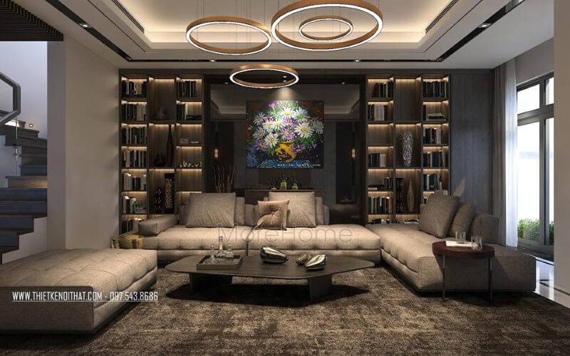 Sắp xếp nội thất phòng khách hiện đại, đẹp với bộ bàn ghế sofa lớn, kệ ốp tường, tranh treo tường. Thiết kế phòng khách tại Hà Nội