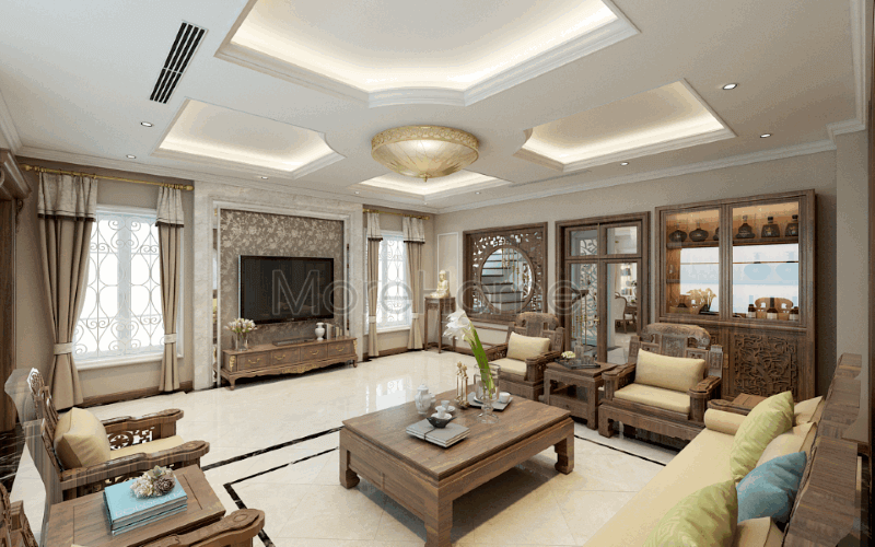 Phối cảnh nội thất phong cách Á Đông mang lại cảm giác ấm áp, gần gũi nhưng không kém phần sang trọng đẳng cấp tại biệt thự Riverside Nguyễn Duy Trinh. Thiết kế phòng khách tại Hà Nội