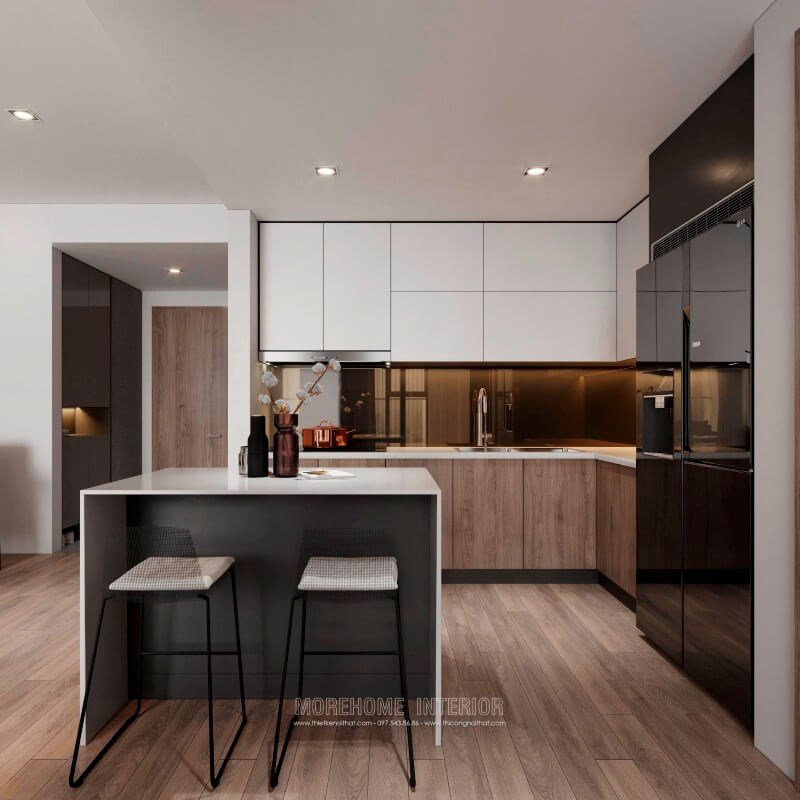 Thiết kế tủ bếp hiện đại âm tường kiểu dáng chữ L giúp tiết kiệm tối đa diện tích cho không gian sống của gia chủ Tủ bếp hiện đại, tủ bếp chữ u, tủ bếp chữ i, tủ bếp chữ l