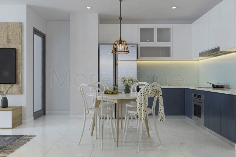 Thiết kế nội thất phòng bếp chung cư sử dụng những tone màu đơn giản, không nhấn mạnh vào chi tiết, gợi một cảm giác khá lạnh, tuy nhiên chính sự lạnh này lại mang đến cho căn bếp sự sạch sẽ và tinh tế. Thiết kế phòng bếp chung cư hiện đại