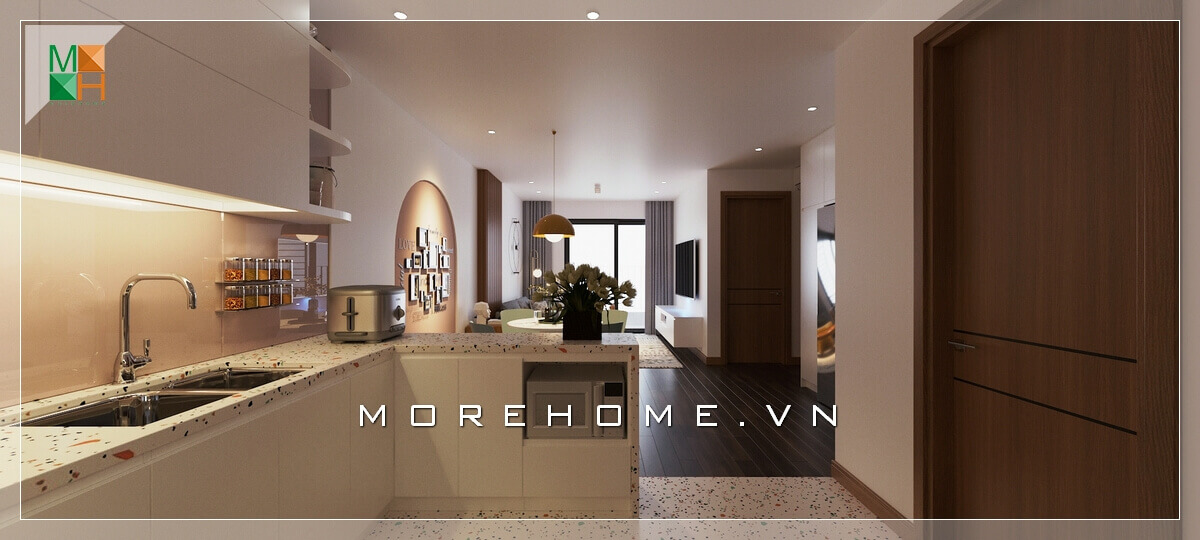 Thiết kế nội thất bếp chung cư hiện đại, kệ tủ bếp đẹp thiết kế hợp lý và tiện lợi. Thiết kế phòng bếp chung cư hiện đại