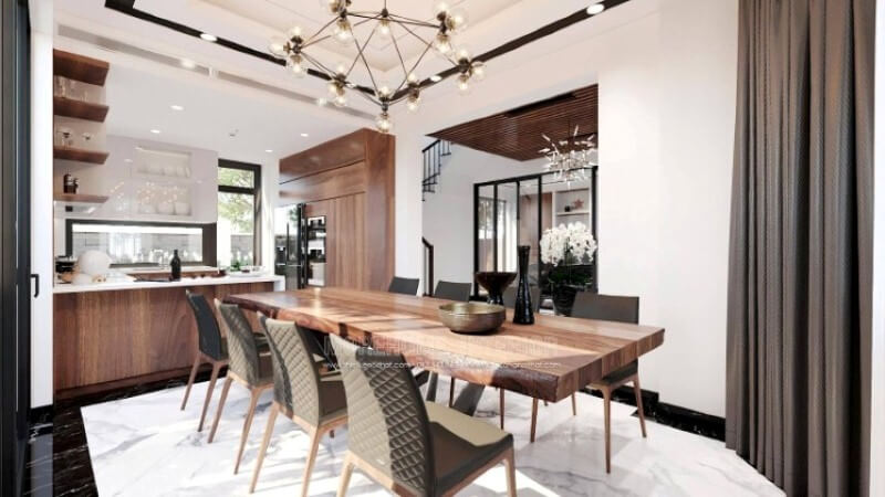 Sẽ là một gợi ý sáng tạo sẽ khiến bạn thích thú như trong mẫu thiết kế không gian bếp hiện đại biệt thự Vinhomes Imperia Hải Phòng trong đây, thiết kế kệ trang trí ở vị trí gần bàn ăn nhất giúp bạn lấy ly, chén một cách nhanh chóng. Thiết kế nội thất phòng bếp