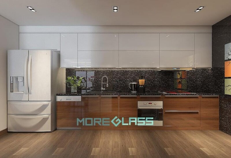 Thiết kế, thi công mẫu kính ốp bếp màu đen kim sa hiện đại cho chung cư, biệt thự, nhà phố. Thiết kế nội thất phòng bếp