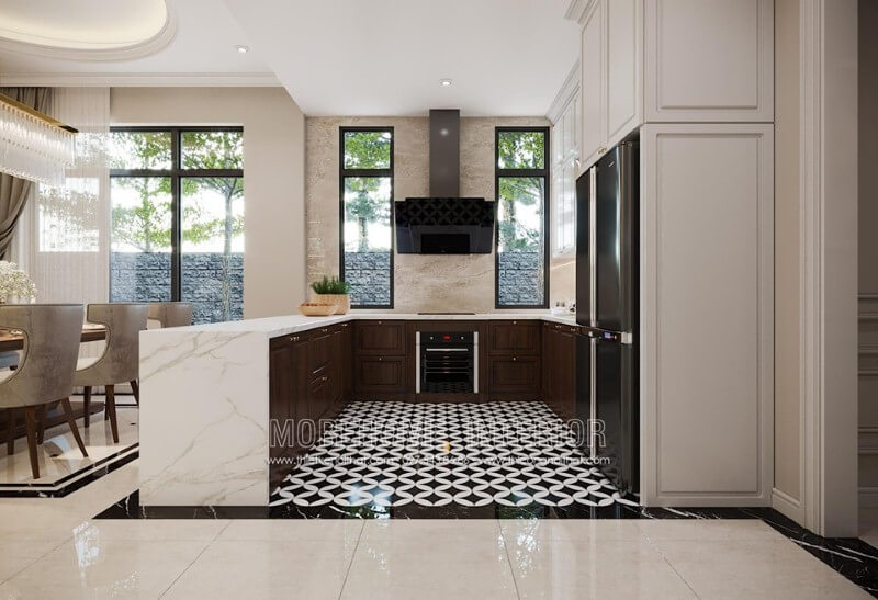 Gạch bông hoa văn giả cổ lát nền đẹp cho phòng bếp đương đại. Thiết kế phòng bếp, tủ bếp đẹp