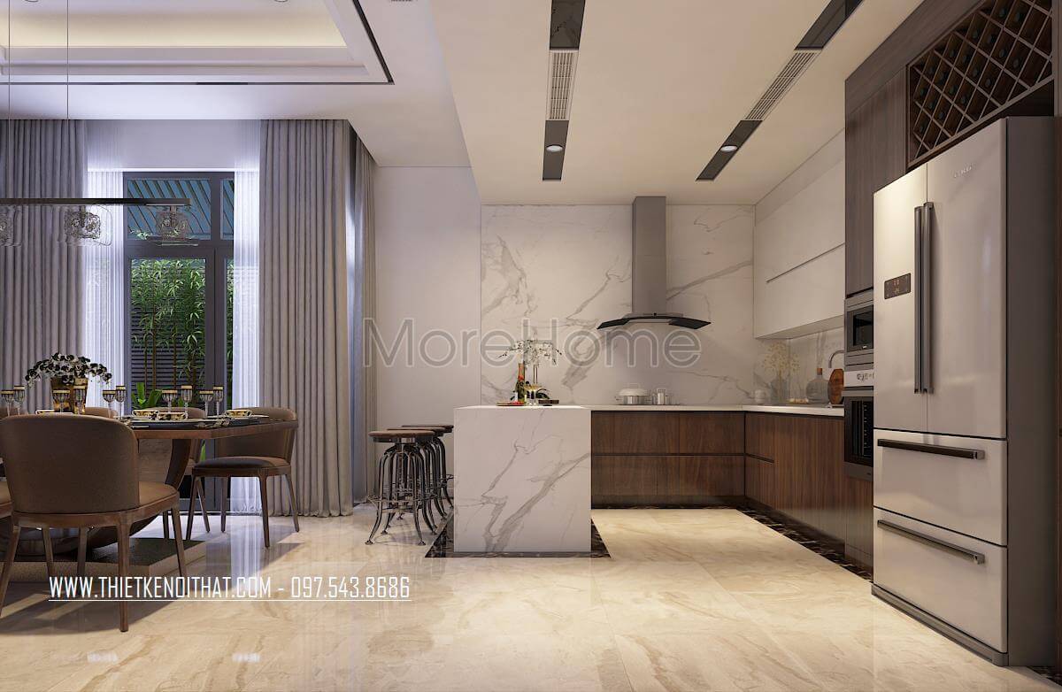 Mẫu tủ bếp gỗ công nghiệp veneer màu nâu chữ L hiện đại là điểm nhấn cho không gian bếp Tủ bếp hiện đại, tủ bếp chữ u, tủ bếp chữ i, tủ bếp chữ l