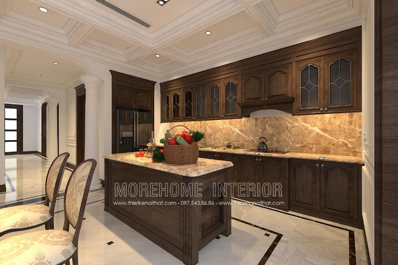 Thiết kế tủ bếp gỗ óc chó tân cổ điển kết hợp bàn đảo cùng chất liệu được đặt chính giữa tạo sự cân bằng cho không gian cũng như tiện nghi hơn cho người nội trợ