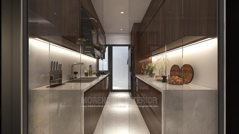 Thiết kế tủ bếp đẹp riêng biệt với khu vực sinh hoạt khác, gia chủ cũng lựa chọn sử dụng kết hợp với cửa kính cường lực giúp cho mùi dầu mỡ không bay ra ngoài ảnh hưởng đến các không gian khác