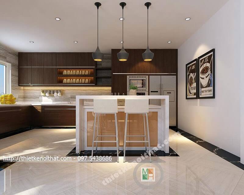 Mẫu tủ bếp gỗ công nghiệp màu nâu với thiết kế dài chữ L cho phòng bếp mang đến sự tiện nghi cho người nội trợ