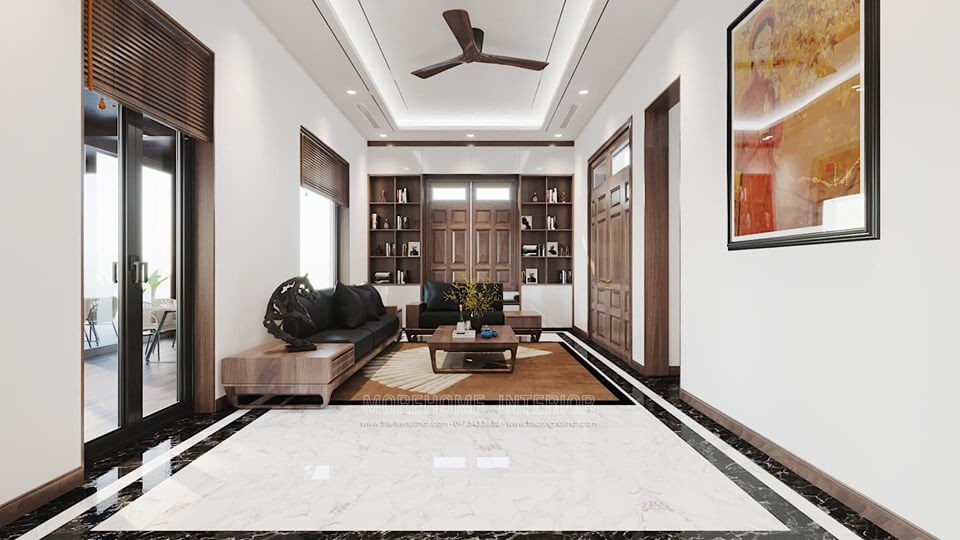 Thiết kế nội thất gỗ óc chó cho phòng khách nhà phố, không gian tiếp khách sang trọng, hiện đại