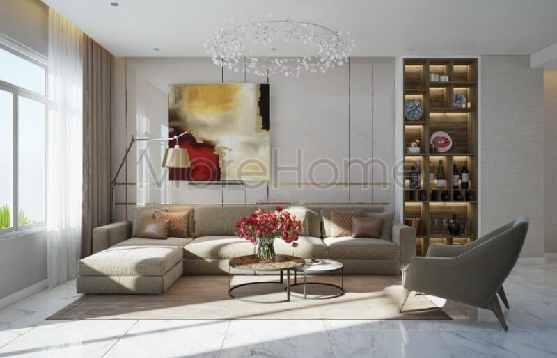 Nội thất sofa chữ L phòng khách với tông màu ghi sáng bọc nỉ điểm nhấn ấn tượng cho phòng khách