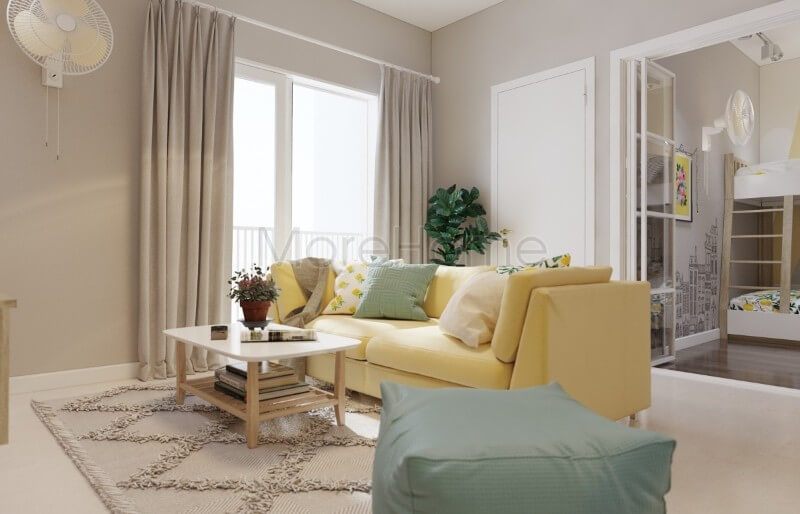 Bộ sofa bọc vải gam màu vàng tươi tươi sáng làm sáng bừng cả không gian phòng khách