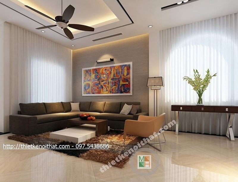 Mẫu sofa góc bọc vải hiện đại với tone màu đen cho phòng khách đẹp, sang trọng