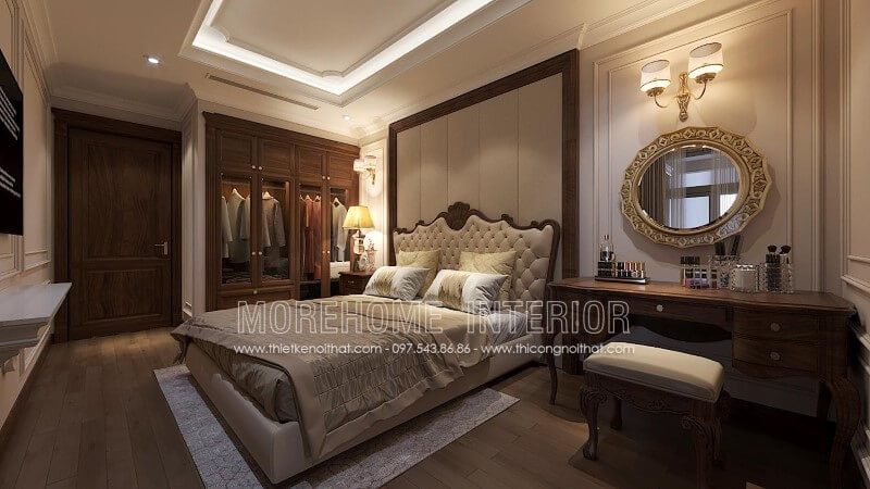 Cửa phòng ngủ được thiết kế bằng gỗ óc chó cao cấp.