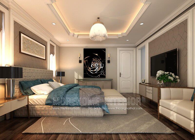 Mẫu giường ngủ bố mẹ được thiết kế đơn giản, nhẹ nhàng, KTS lựa chọn chất liệu gỗ công nghiệp bọc da ấn tượng cùng màu sắc trang nhã gợi nên một không gian riêng tư sang trọng và hiện đại giường ngủ công nghiệp