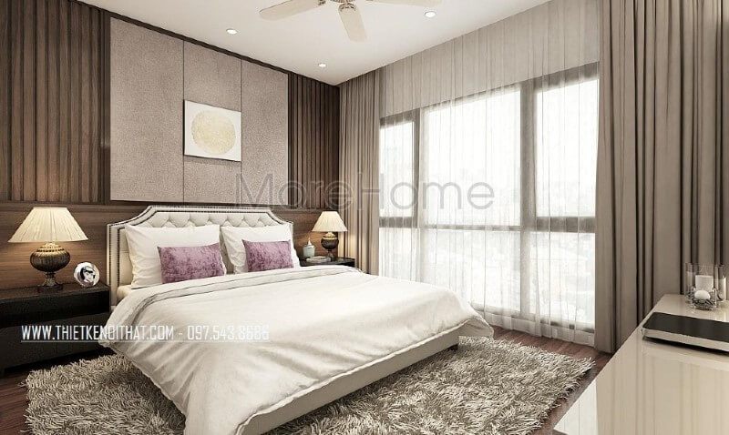 Phòng ngủ vợ chồng hiện đại, đẹp, sang trọng, thông thoáng với hệ cửa kính lớn luôn đón nắng nhưng cũng giúp ngăn nóng kịp thời với rèm 2 lớp.