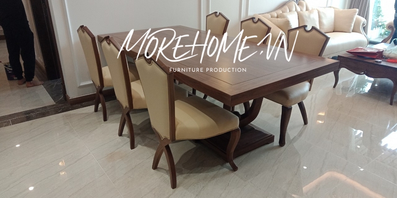 Bàn ăn hình chữ nhật gỗ tự nhiên chân trụ giữa thoải mái, thẩm mỹ trong sử dụng