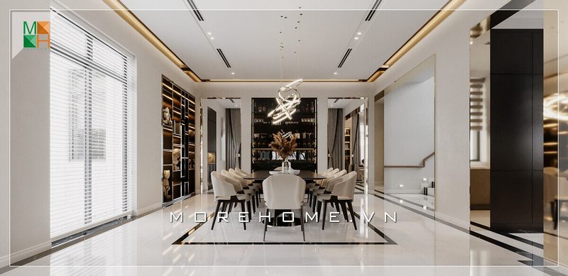 Mẫu bàn ghế ăn hiện đại và đẳng cấp được bố trí ở giữa không gian phòng đầy ấn tượng.