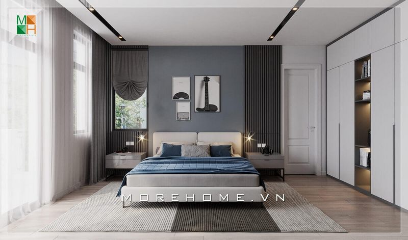 Mẫu gương trang điểm hình chữ nhật được bố trí phù hợp với không gian phòng ngủ hiện đại.