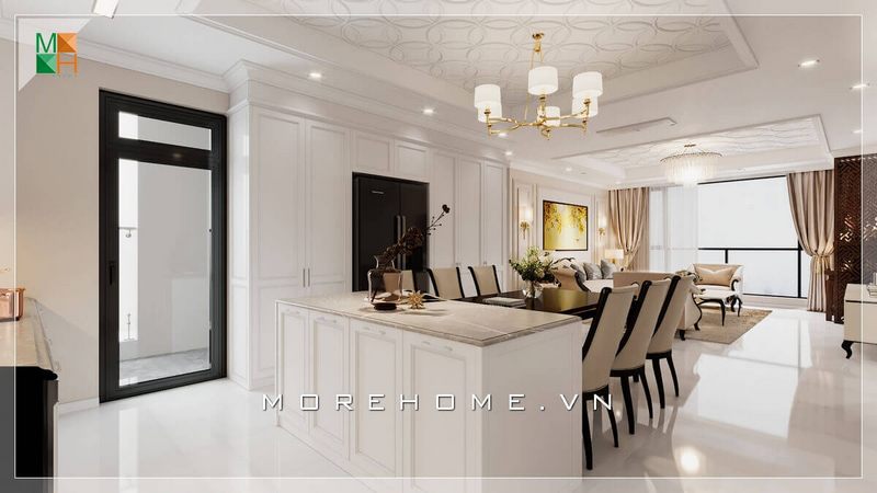 Cùng ngắm nhìn mẫu thiết kế không gian bếp liền bàn ăn sang trọng phù hợp cho không gian nhà chung cư, biệt thự, nhà phố đẳng cấp.