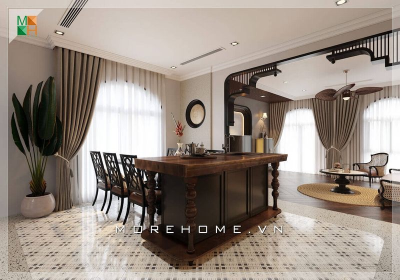 Gỗ tự nhiên được sử dụng để làm mẫu đảo bếp giúp tạo ra một không gian ấm cúng và thân thiện tự nhiên.